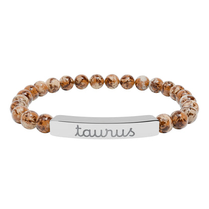 Taurus Zodiac Sign Natural Stone Stretch Bar Bracelet with Engraving - Canvas & Charms