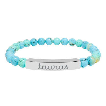 Taurus Zodiac Sign Natural Stone Stretch Bar Bracelet with Engraving - Canvas & Charms