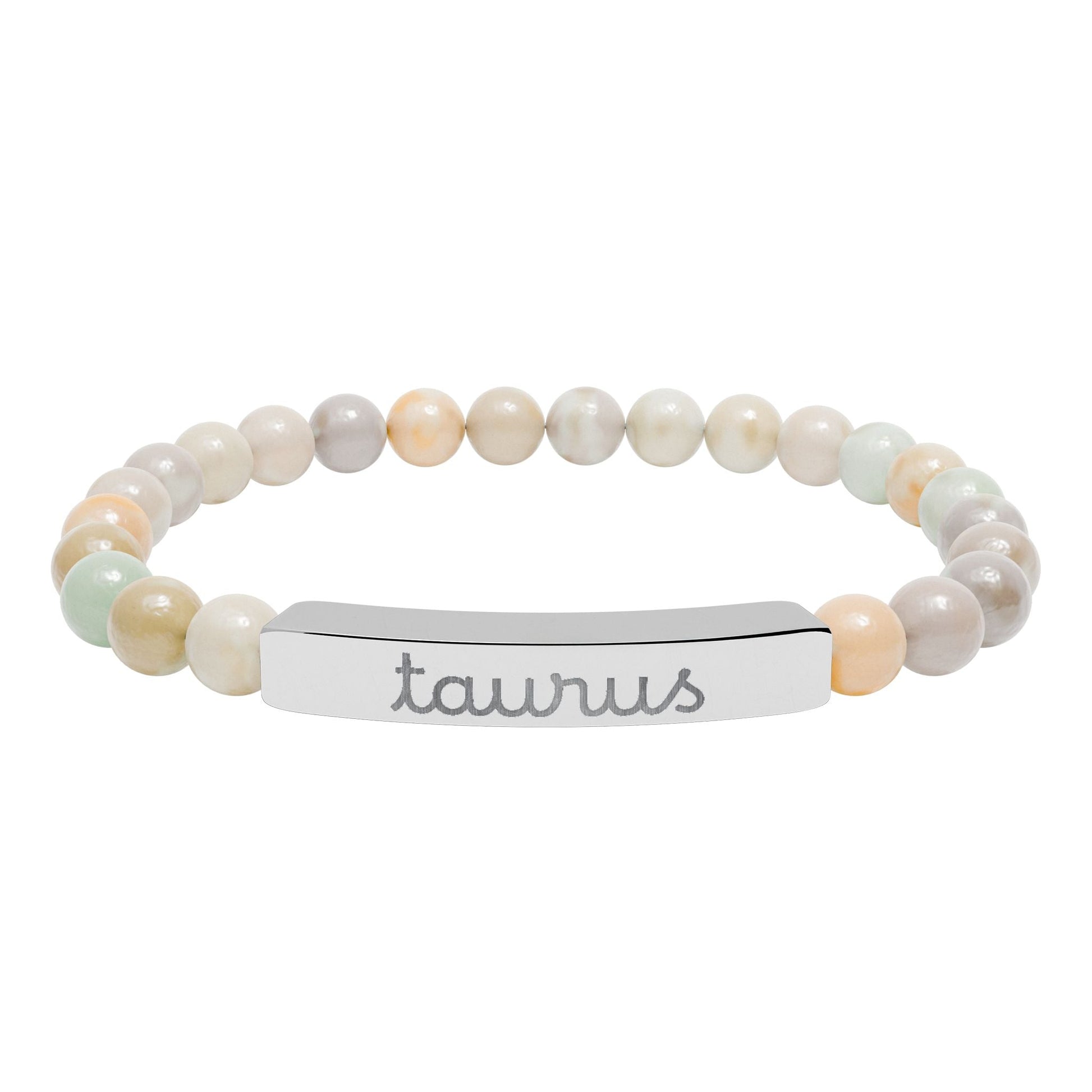 Taurus Zodiac Sign Natural Stone Stretch Bar Bracelet with Engraving - Canvas & Charms