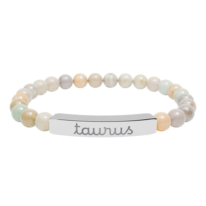 Taurus Zodiac Sign Natural Stone Stretch Bar Bracelet with Engraving - Canvas & Charms