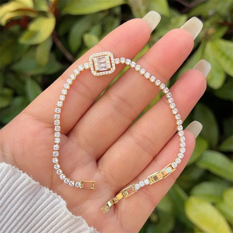 Tennis Chain Bracelet Square Zircon 18K Gold Plated Inlay - Canvas & Charms