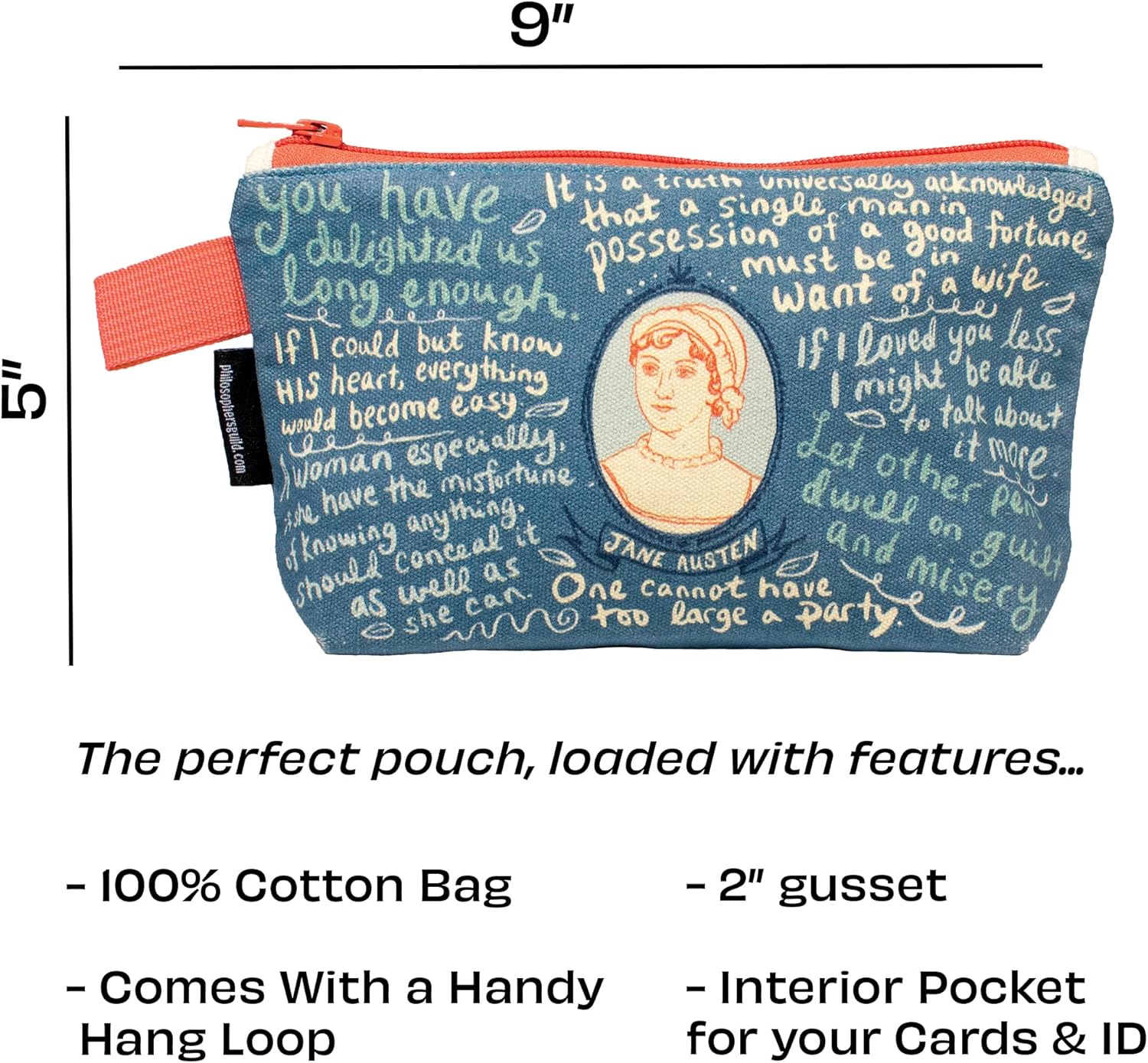 The Unemployed Philosophers Guild Jane Austen Bag - 9" Canvas Zipper Romance Themed Pouch for Pencils, Tools, Cosmetics, Toiletries and More - Canvas & Charms