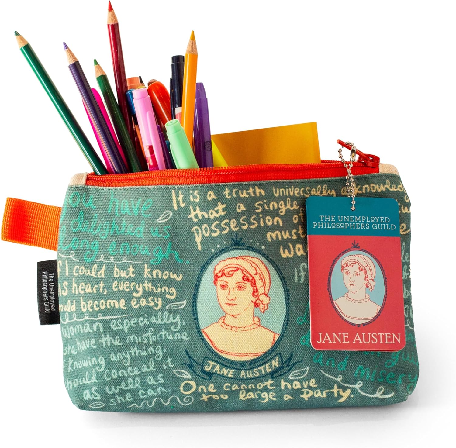 The Unemployed Philosophers Guild Jane Austen Bag - 9" Canvas Zipper Romance Themed Pouch for Pencils, Tools, Cosmetics, Toiletries and More - Canvas & Charms