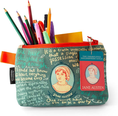 The Unemployed Philosophers Guild Jane Austen Bag - 9" Canvas Zipper Romance Themed Pouch for Pencils, Tools, Cosmetics, Toiletries and More - Canvas & Charms