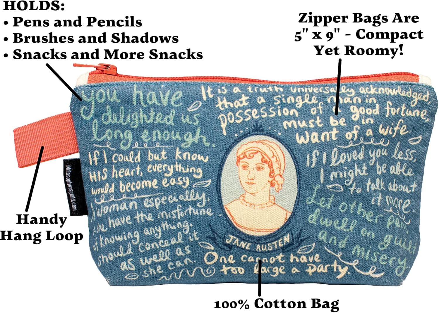 The Unemployed Philosophers Guild Jane Austen Bag - 9" Canvas Zipper Romance Themed Pouch for Pencils, Tools, Cosmetics, Toiletries and More - Canvas & Charms