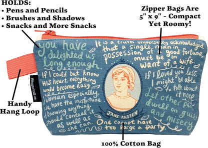 The Unemployed Philosophers Guild Jane Austen Bag - 9" Canvas Zipper Romance Themed Pouch for Pencils, Tools, Cosmetics, Toiletries and More - Canvas & Charms