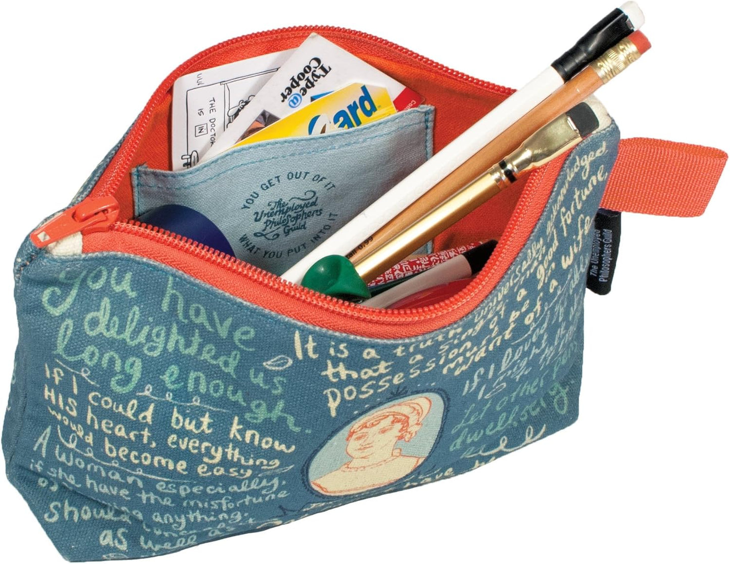 The Unemployed Philosophers Guild Jane Austen Bag - 9" Canvas Zipper Romance Themed Pouch for Pencils, Tools, Cosmetics, Toiletries and More - Canvas & Charms