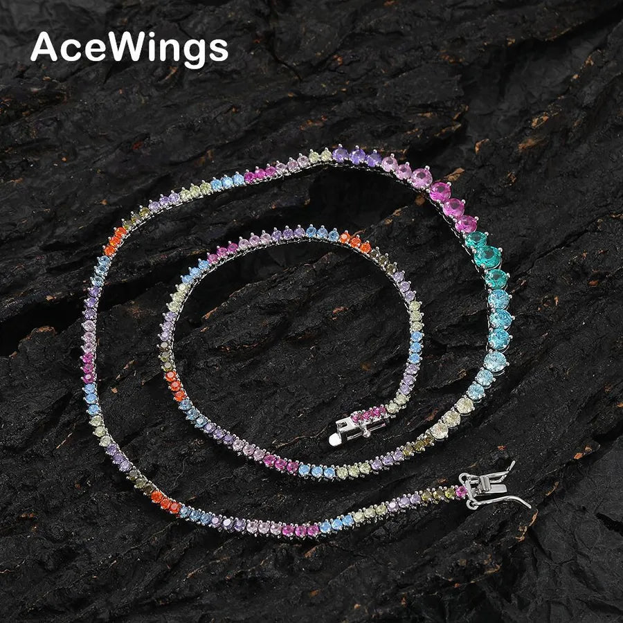 Three-Claw Gradient Color Zircon Tennis Necklace New Trendy Unique Chain Hip Hop Style Style Twin - Canvas & Charms