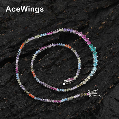 Three-Claw Gradient Color Zircon Tennis Necklace New Trendy Unique Chain Hip Hop Style Style Twin - Canvas & Charms