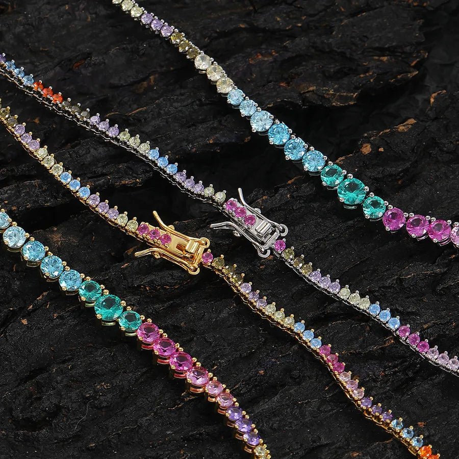 Three-Claw Gradient Color Zircon Tennis Necklace New Trendy Unique Chain Hip Hop Style Style Twin - Canvas & Charms