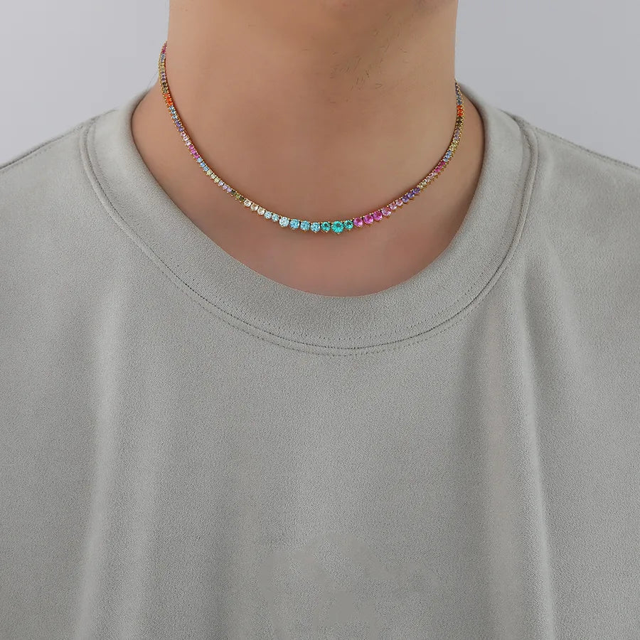 Three-Claw Gradient Color Zircon Tennis Necklace New Trendy Unique Chain Hip Hop Style Style Twin - Canvas & Charms