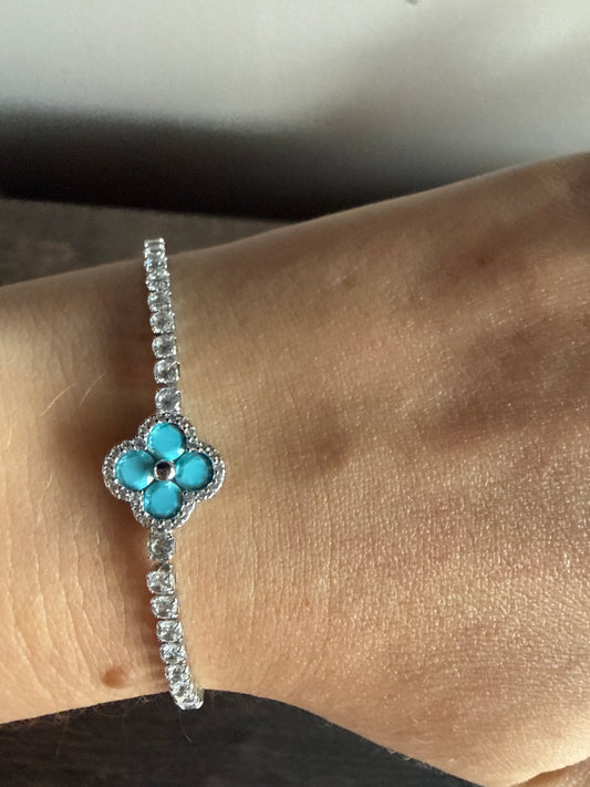 Turquoise Clover Silver Bracelet Tennis Solitaire Pull-Up Closure Adjustable Size - Canvas & Charms