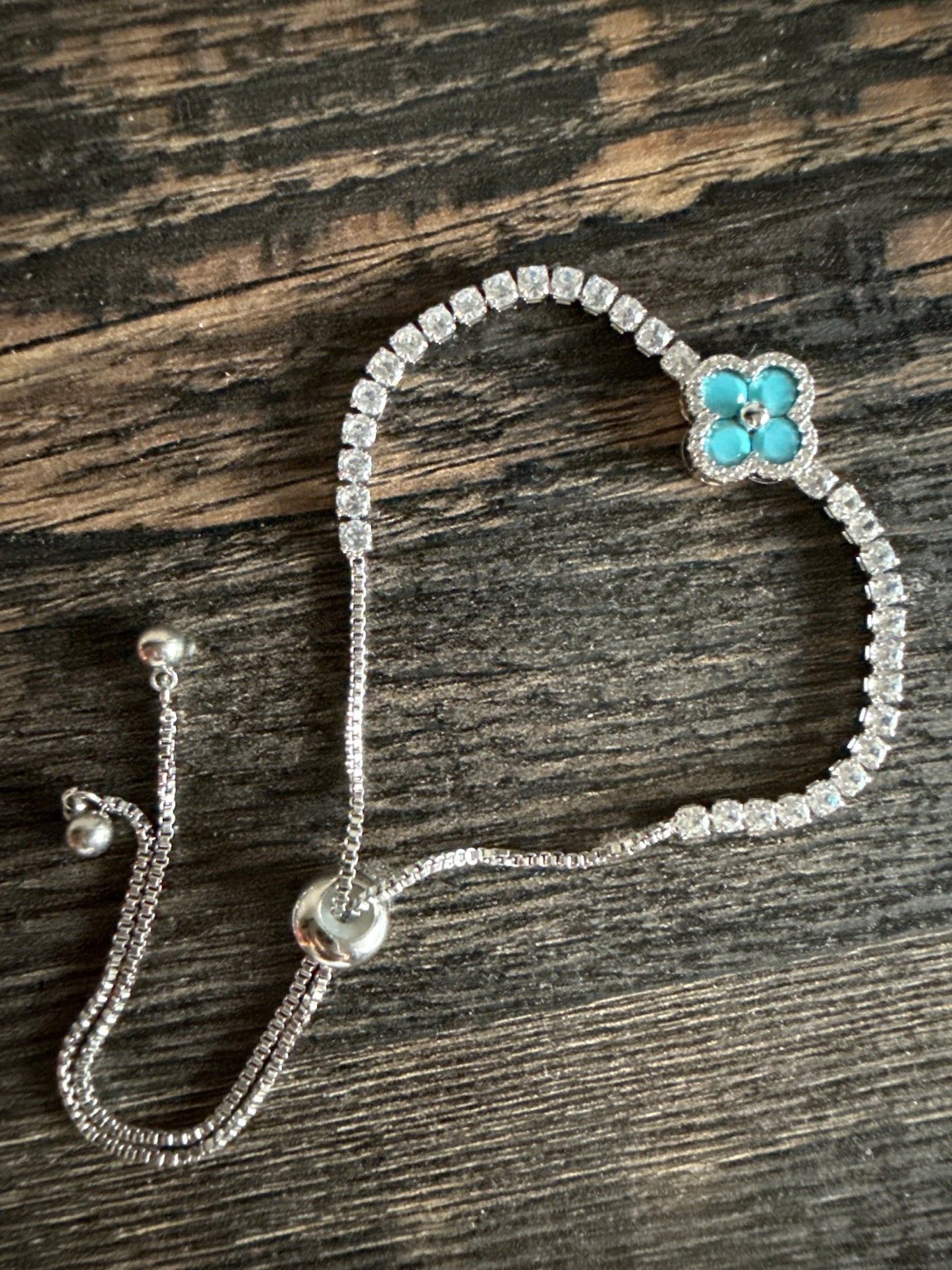 Turquoise Clover Silver Bracelet Tennis Solitaire Pull-Up Closure Adjustable Size - Canvas & Charms