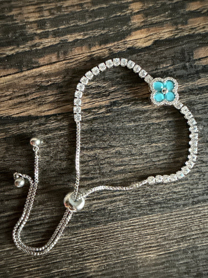 Turquoise Clover Silver Bracelet Tennis Solitaire Pull-Up Closure Adjustable Size - Canvas & Charms
