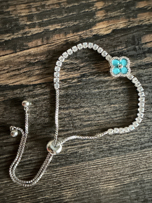 Turquoise Clover Silver Bracelet Tennis Solitaire Pull-Up Closure Adjustable Size - Canvas & Charms
