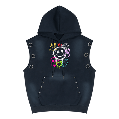 Unisex Boxy Graffiti Vintage Wash Sun Fade Sleeveless Hoodie - Canvas & Charms