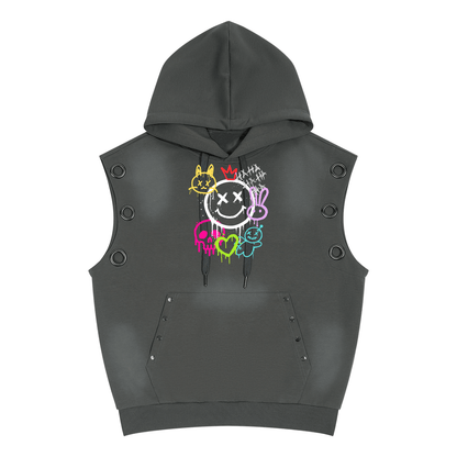 Unisex Boxy Graffiti Vintage Wash Sun Fade Sleeveless Hoodie - Canvas & Charms
