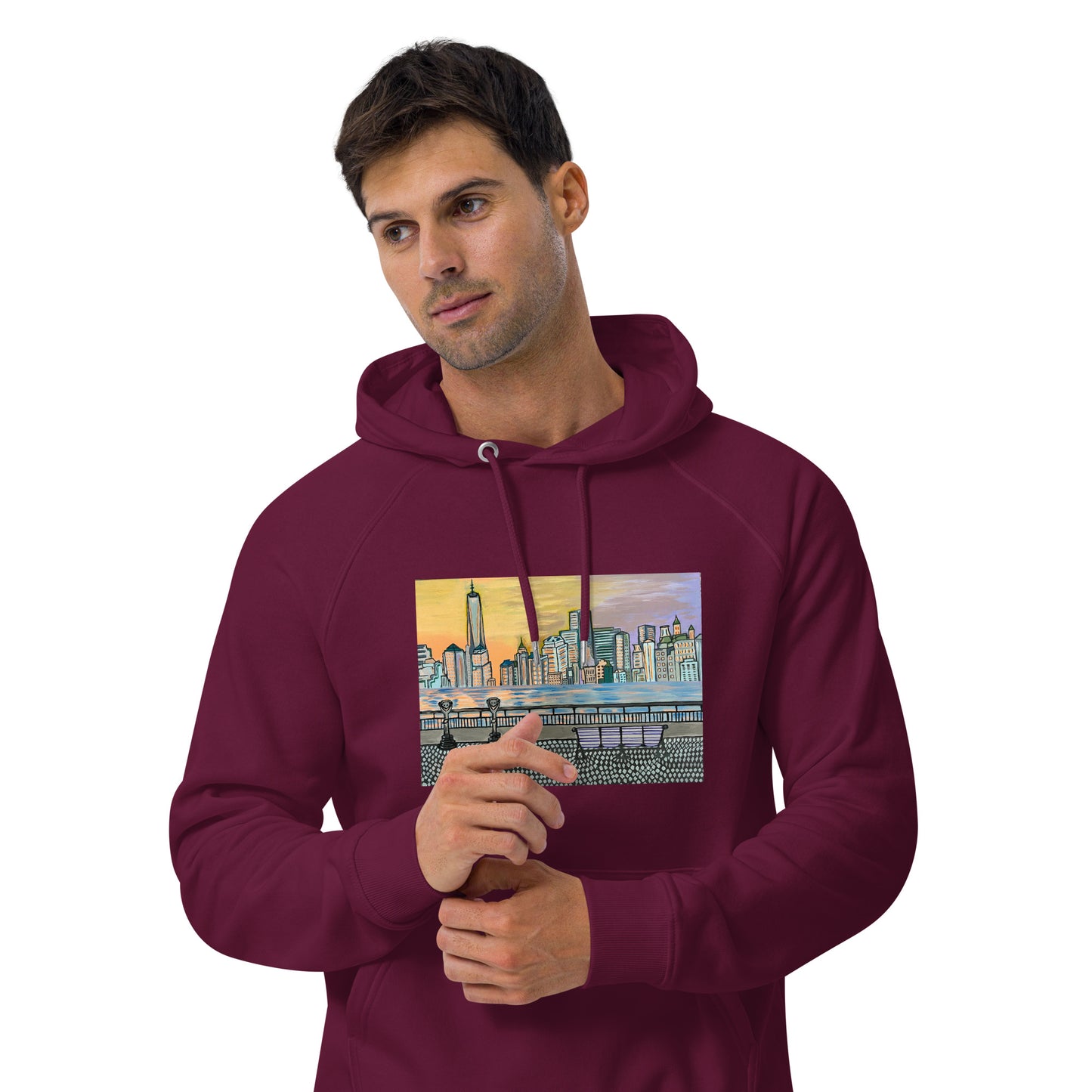 NYC Manhattan Sunset Unisex eco raglan hoodie