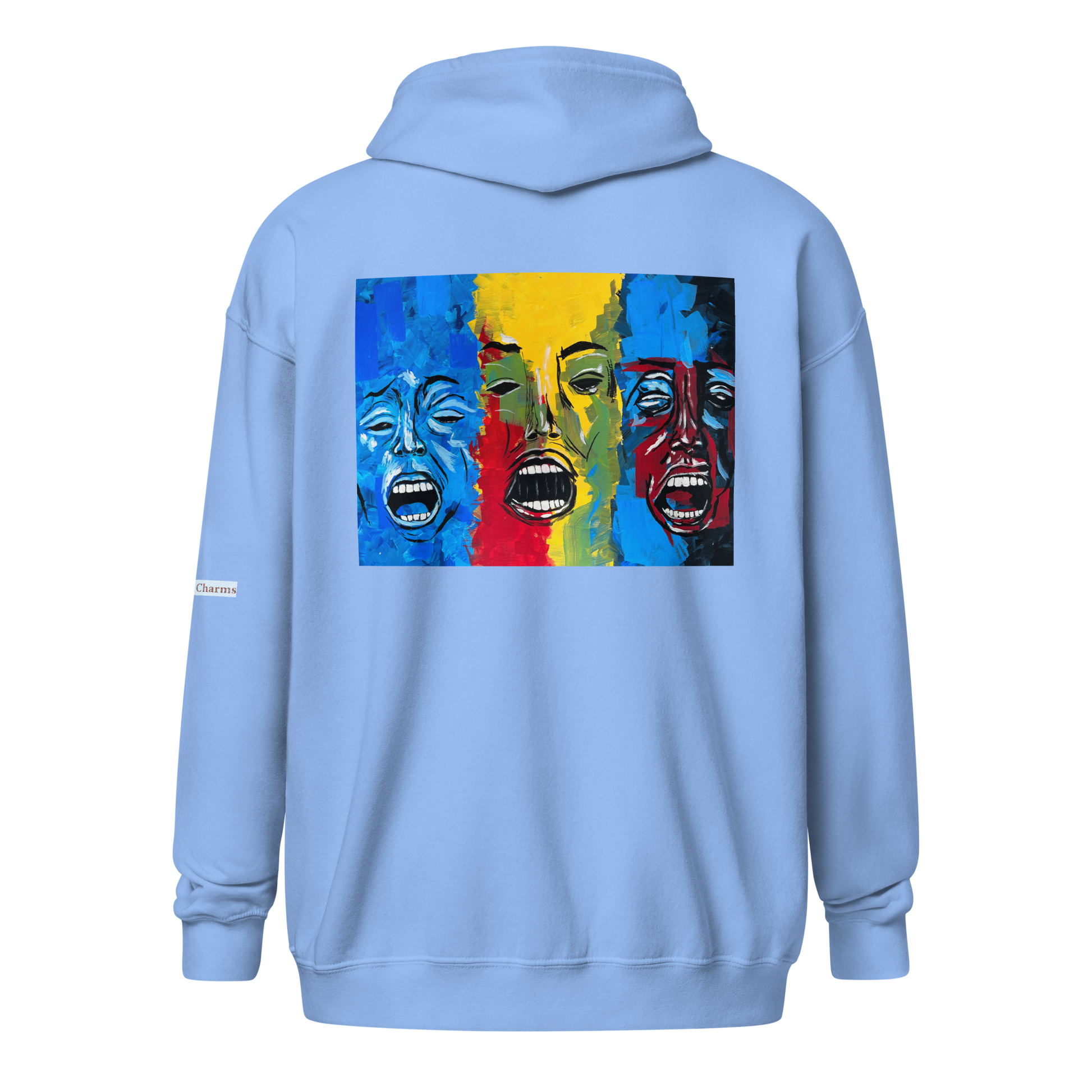 Unisex heavy blend zip hoodie with 3 faces art print in light blue