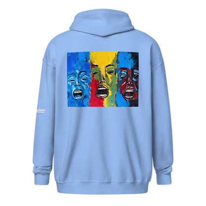 Unisex heavy blend zip hoodie with 3 faces art print in light blue