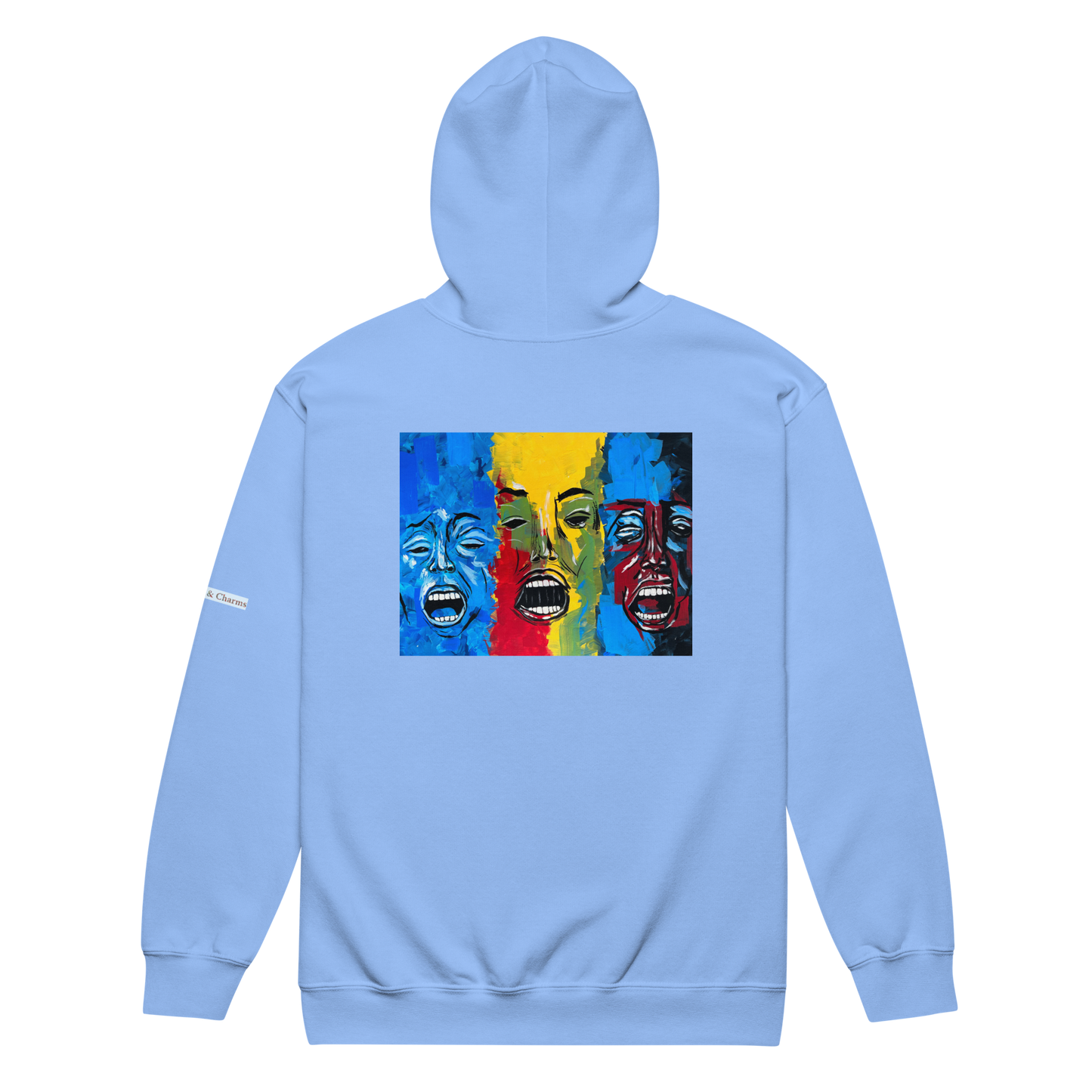 Unisex heavy blend zip hoodie with 3 faces art print in light blue