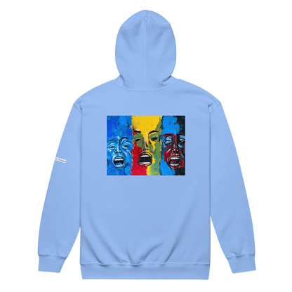 Unisex heavy blend zip hoodie with 3 faces art print in light blue