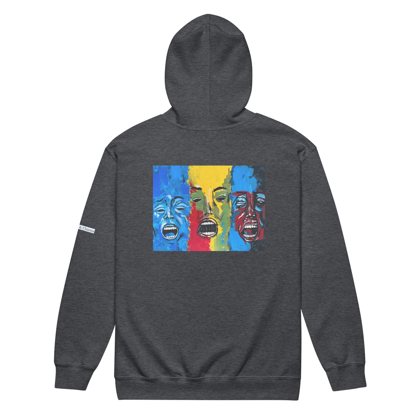 Unisex heavy blend zip hoodie with 3 faces art print in grey