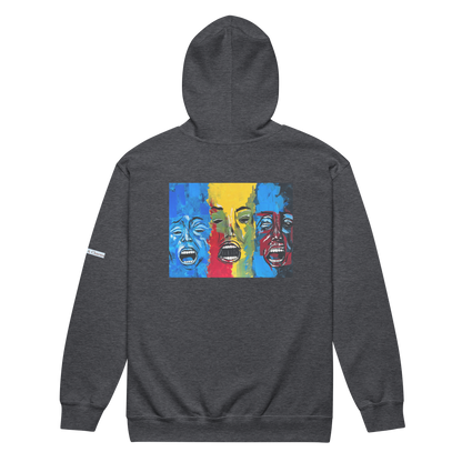 Unisex heavy blend zip hoodie with 3 faces art print in grey