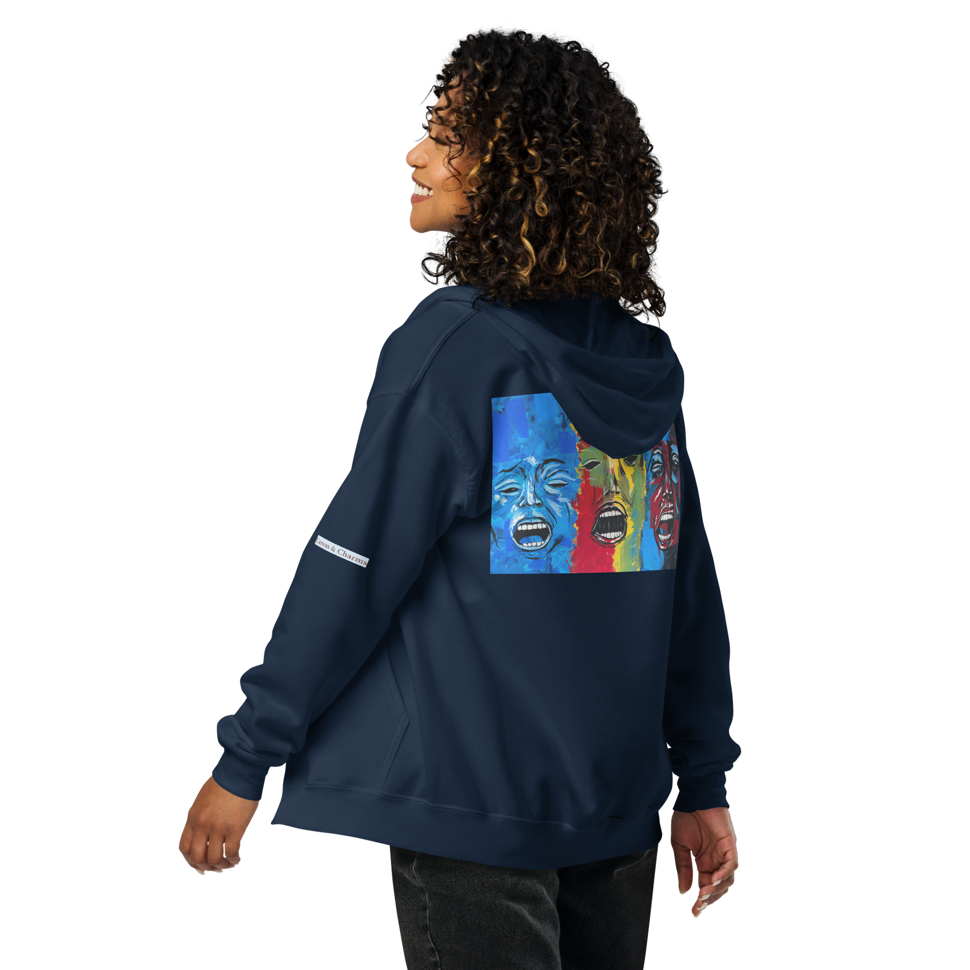 Unisex heavy blend zip hoodie with 3 faces art print girl model