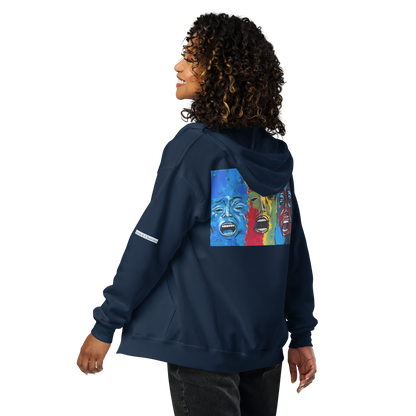 Unisex heavy blend zip hoodie with 3 faces art print girl model