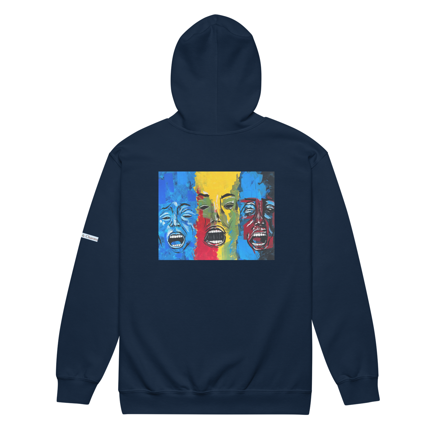 Unisex heavy blend zip hoodie with 3 faces art print in dark blue