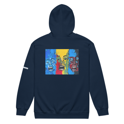 Unisex heavy blend zip hoodie with 3 faces art print in dark blue