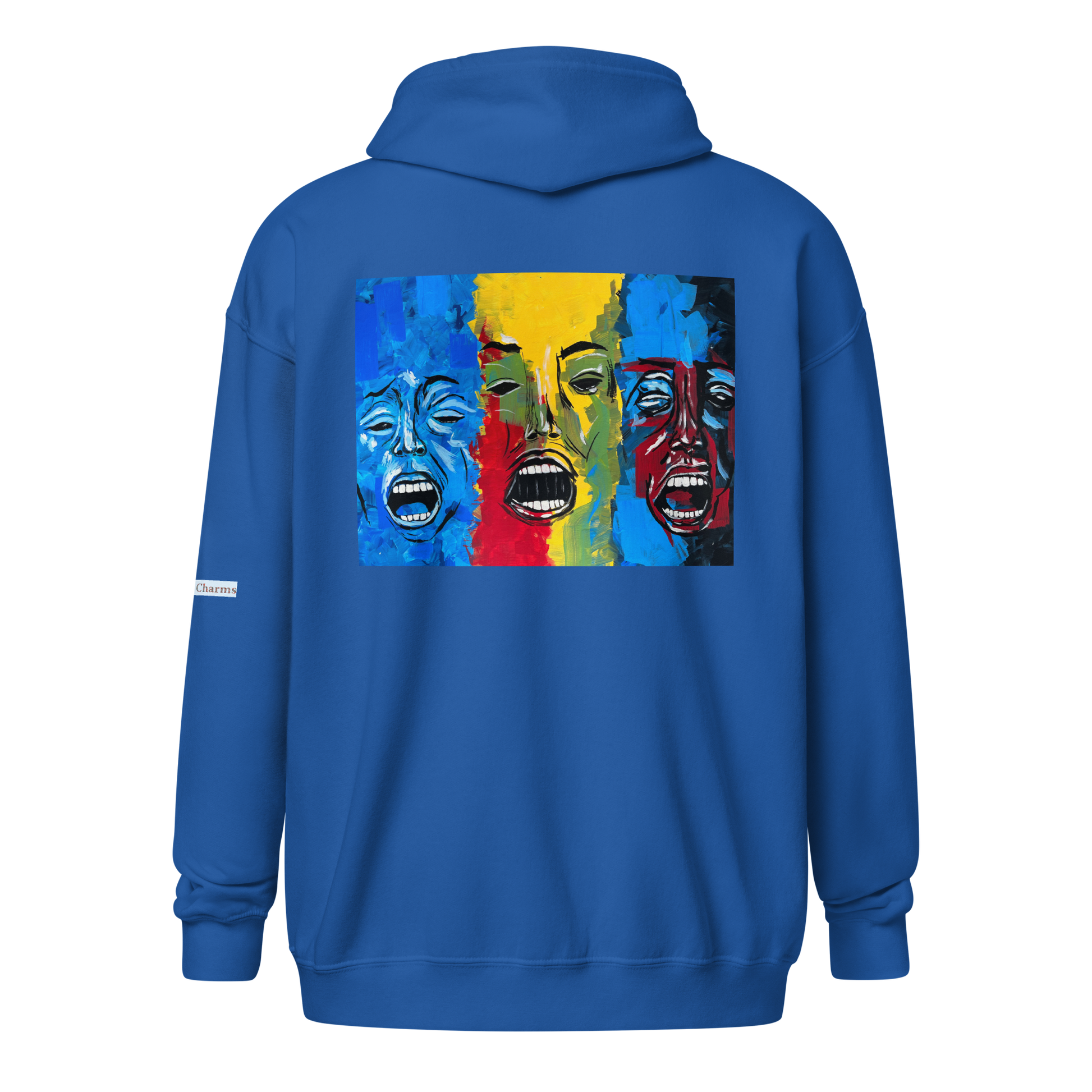 Unisex heavy blend zip hoodie with 3 faces art print in blue