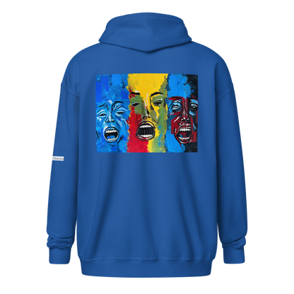 Unisex heavy blend zip hoodie with 3 faces art print in blue