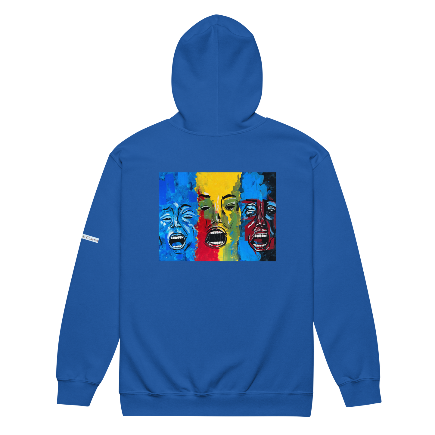 Unisex heavy blend zip hoodie with 3 faces art print in blue