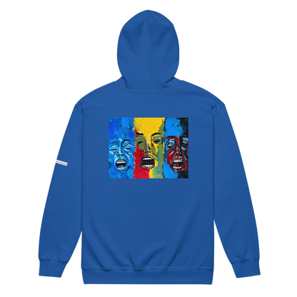 Unisex heavy blend zip hoodie with 3 faces art print in blue