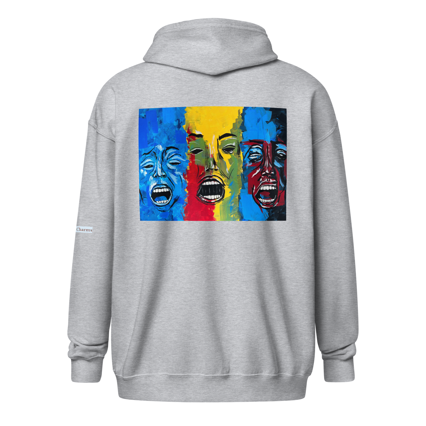 Unisex heavy blend zip hoodie with 3 faces art print in grey