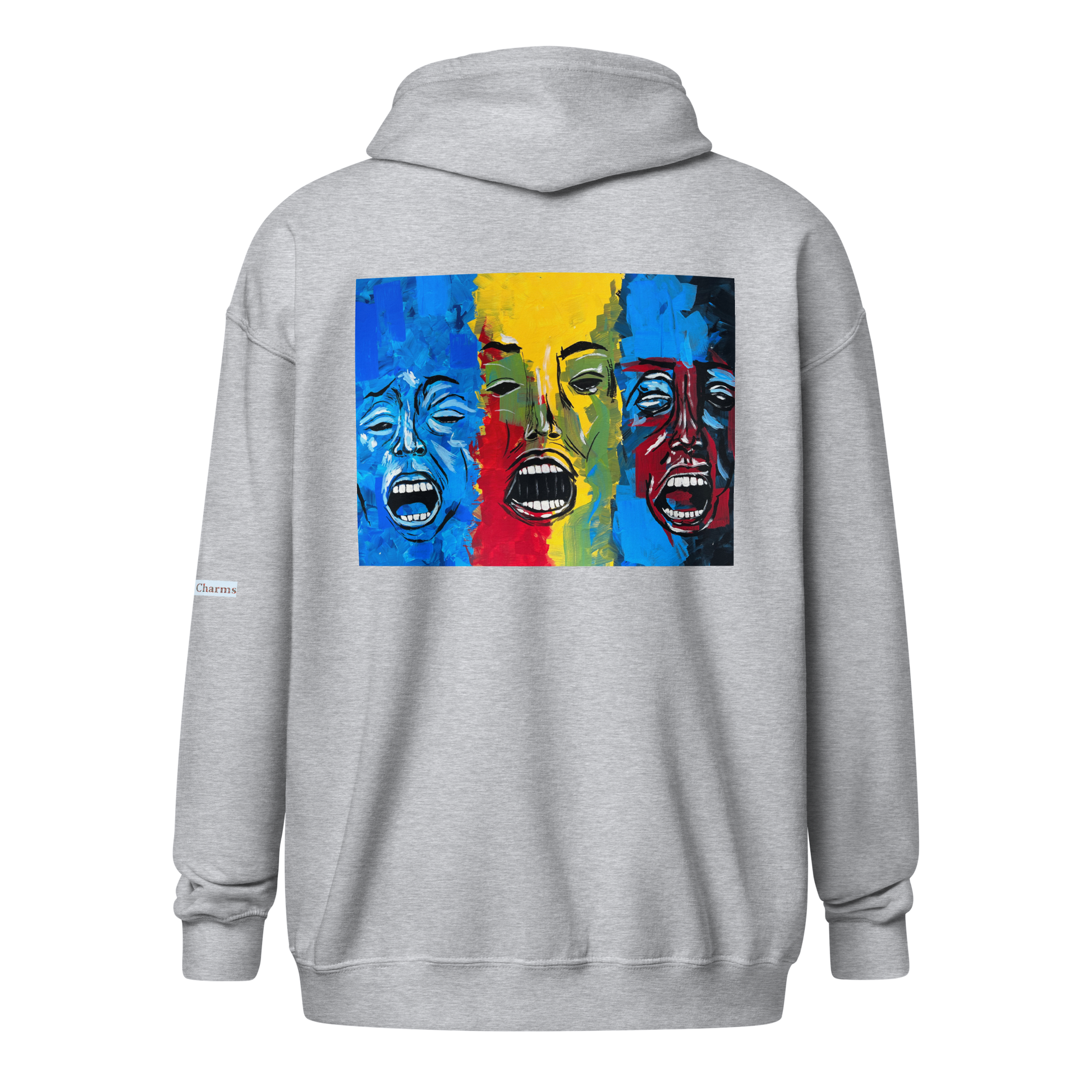 Unisex heavy blend zip hoodie with 3 faces art print in grey