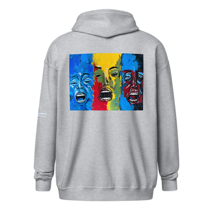 Unisex heavy blend zip hoodie with 3 faces art print in grey