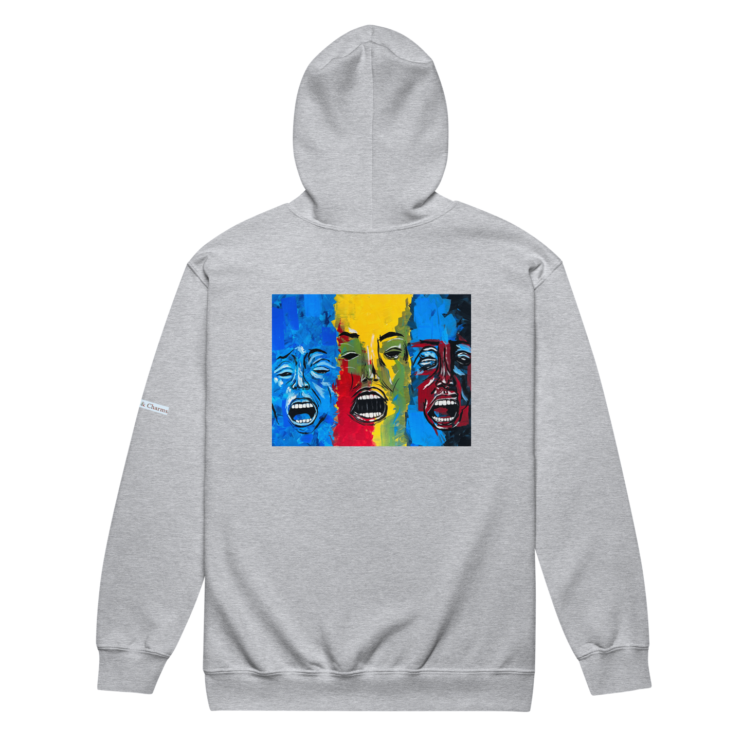 Unisex heavy blend zip hoodie with 3 faces art print in light grey