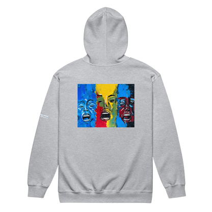 Unisex heavy blend zip hoodie with 3 faces art print in light grey