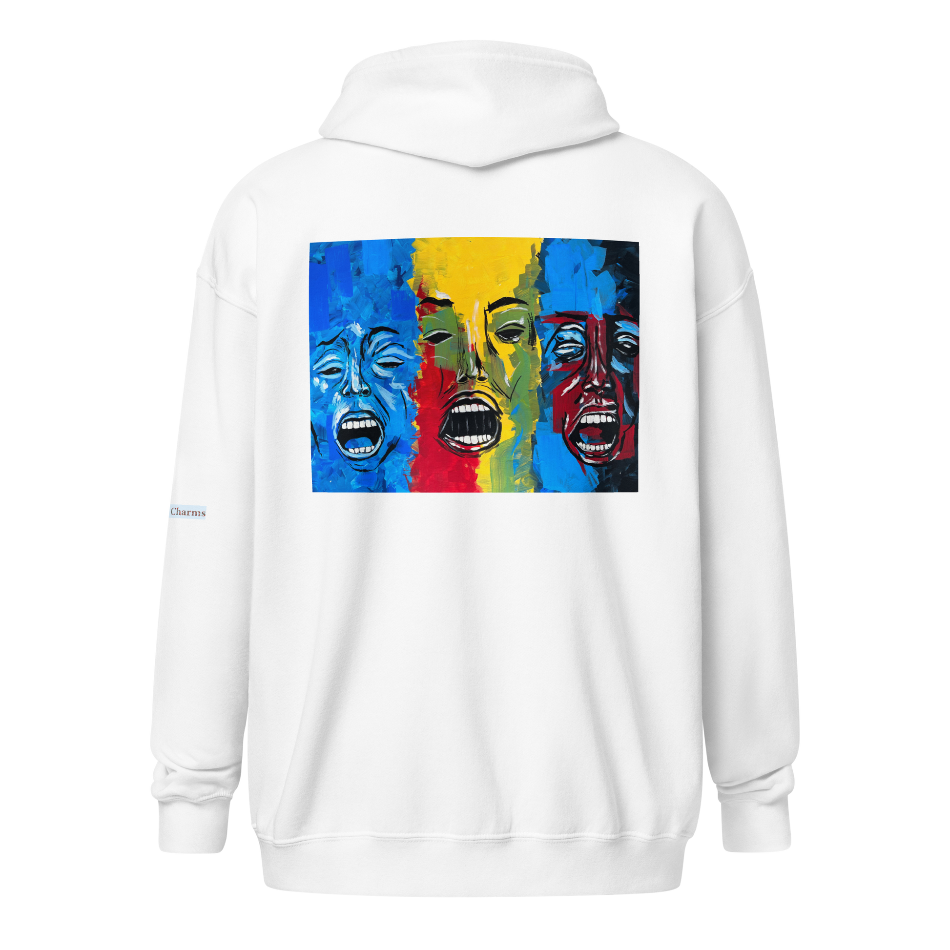 Unisex heavy blend zip hoodie with 3 faces art print in white