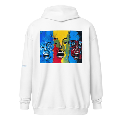 Unisex heavy blend zip hoodie with 3 faces art print in white