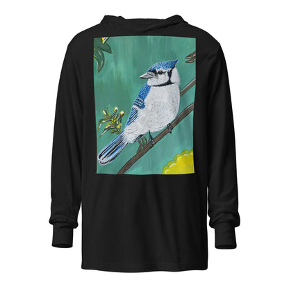 Hooded unisex long-sleeve tee with Blue Jay art print