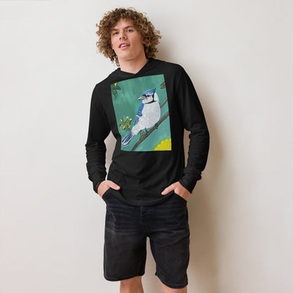 boy wearing Hooded unisex long-sleeve tee with Blue Jay art print