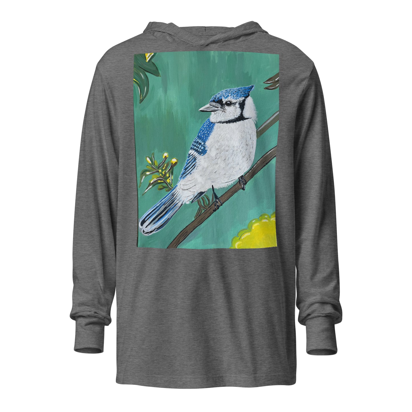 Hooded unisex long-sleeve tee with Blue Jay art print in grey