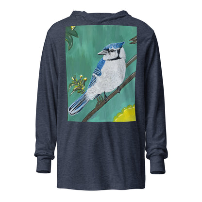 Hooded unisex long-sleeve tee with Blue Jay art print in navy blue