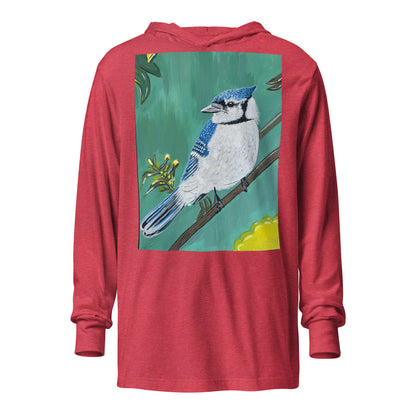 Hooded unisex long-sleeve tee with Blue Jay art print in red