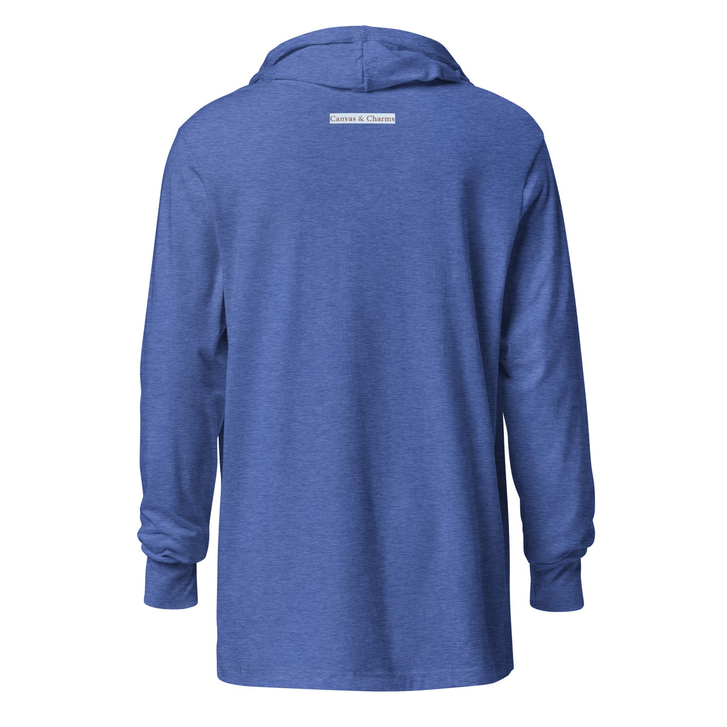 Hooded unisex long-sleeve tee with Blue Jay art print in blue back view