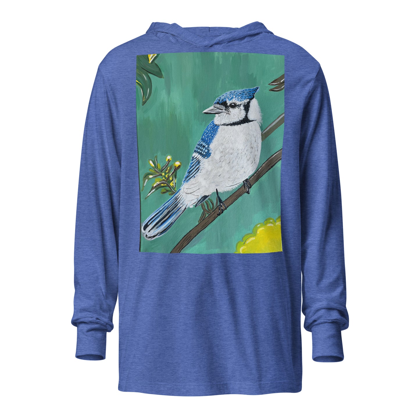 Hooded unisex long-sleeve tee with Blue Jay art print in blue